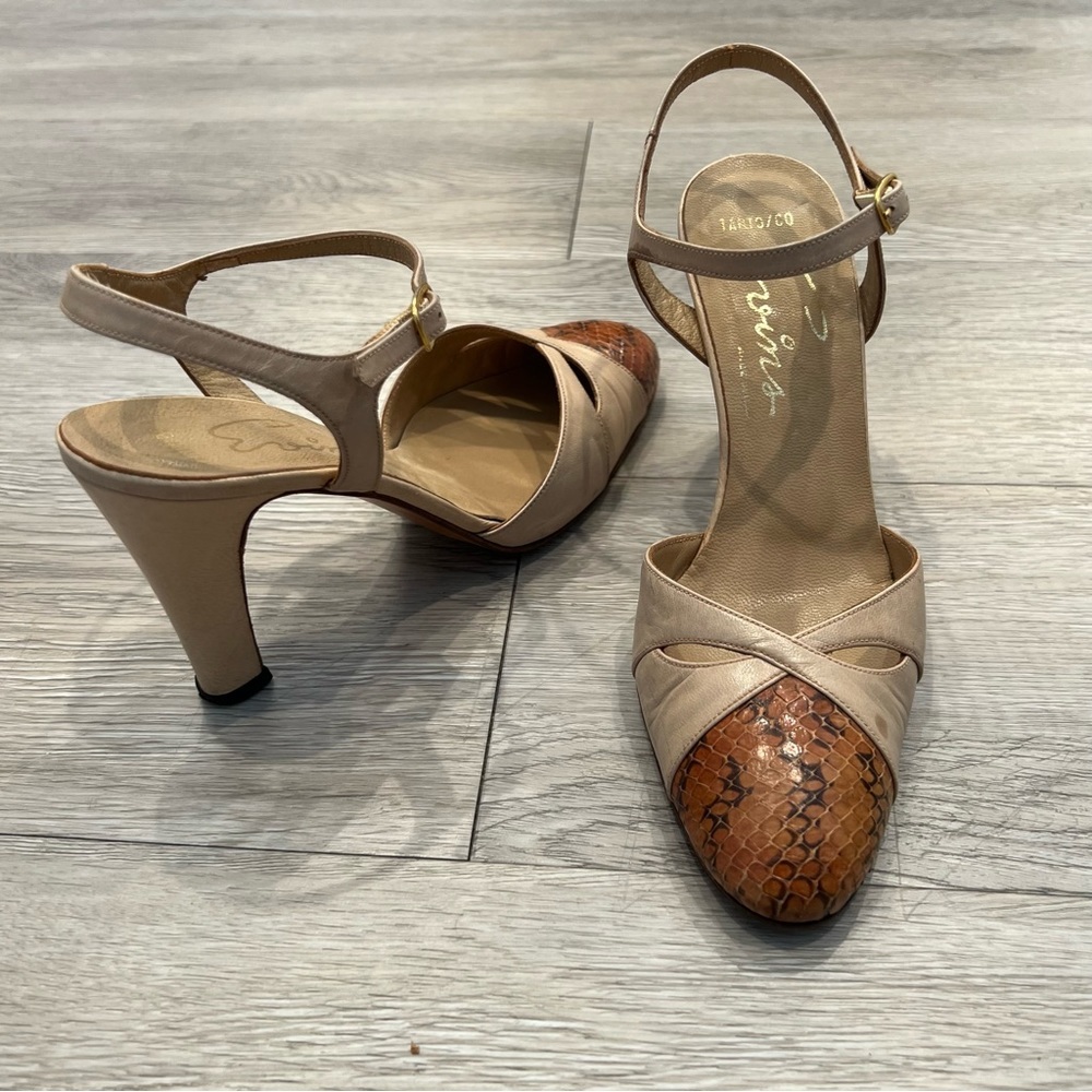 VINTAGE PUMPS 60s EVINS Heels Leather Snakeskin Tan Saddle 6M Made in Italy - Picture 5 of 15